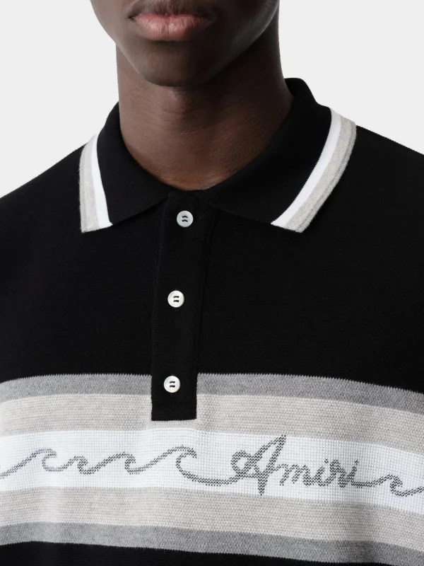 AMIRI Tees> WAVE BAJA STRIPE POLO BLACK