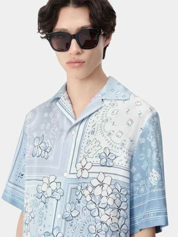 AMIRI Shirts>BANDANA FLORAL BOWLING SHIRT Cerulean