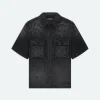 AMIRI Denim>FLORAL CRYSTAL DENIM SHORT SLEEVE SHIRT FADED BLACK