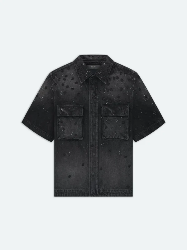 AMIRI Denim>FLORAL CRYSTAL DENIM SHORT SLEEVE SHIRT FADED BLACK