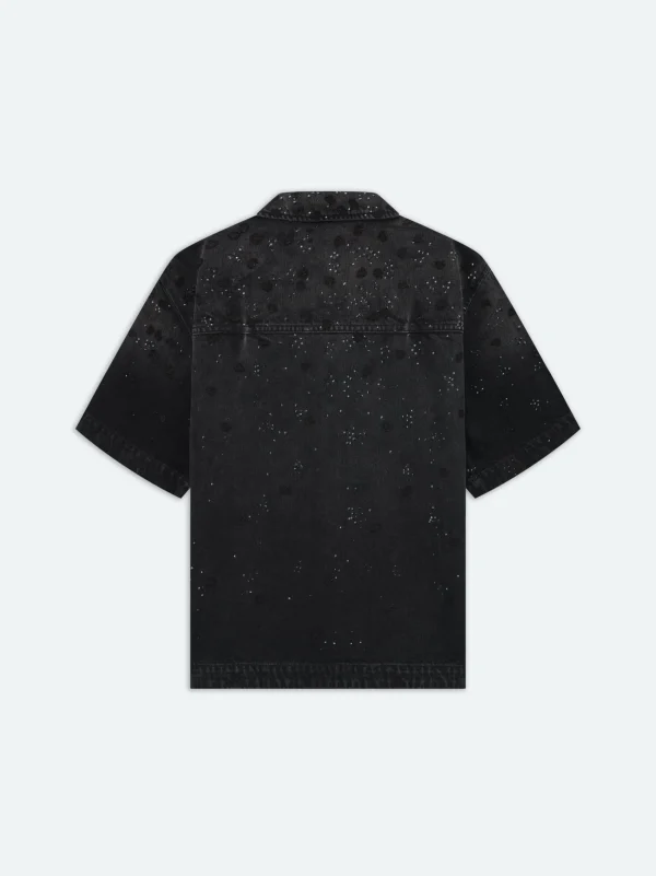 AMIRI Denim>FLORAL CRYSTAL DENIM SHORT SLEEVE SHIRT FADED BLACK