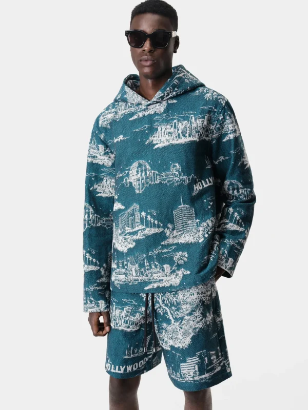 AMIRI Sweatshirts>LA LANDMARK TAPESTRY HOODIE Deep Teal