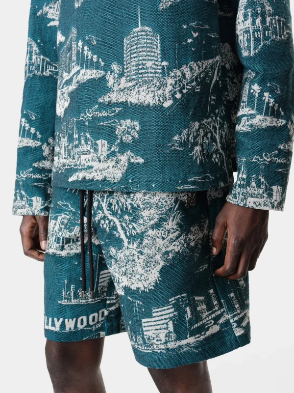 AMIRI Shorts & Sweatpants>LA LANDMARK TAPESTRY SHORT Deep Teal