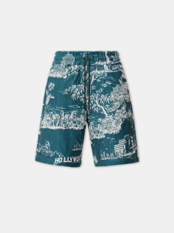 AMIRI Shorts & Sweatpants>LA LANDMARK TAPESTRY SHORT Deep Teal