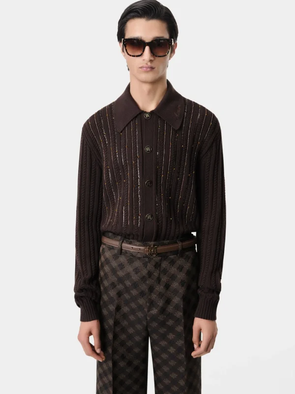 AMIRI Knitwear>LONG SLEEVE POLO DARK BROWN