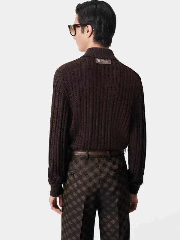 AMIRI Knitwear>LONG SLEEVE POLO DARK BROWN