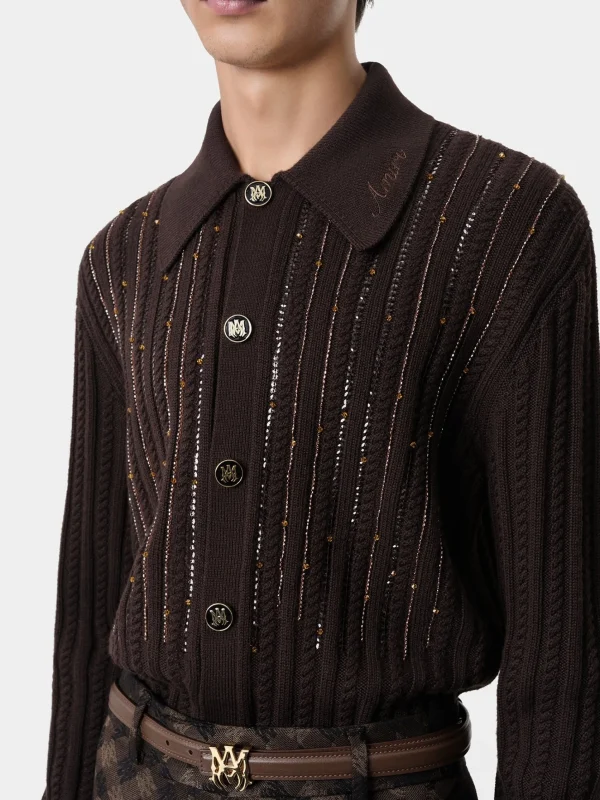 AMIRI Knitwear>LONG SLEEVE POLO DARK BROWN