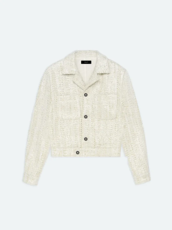AMIRI Outerwear>SEQUIN BOUCLE SHIRT JACKET Alabaster