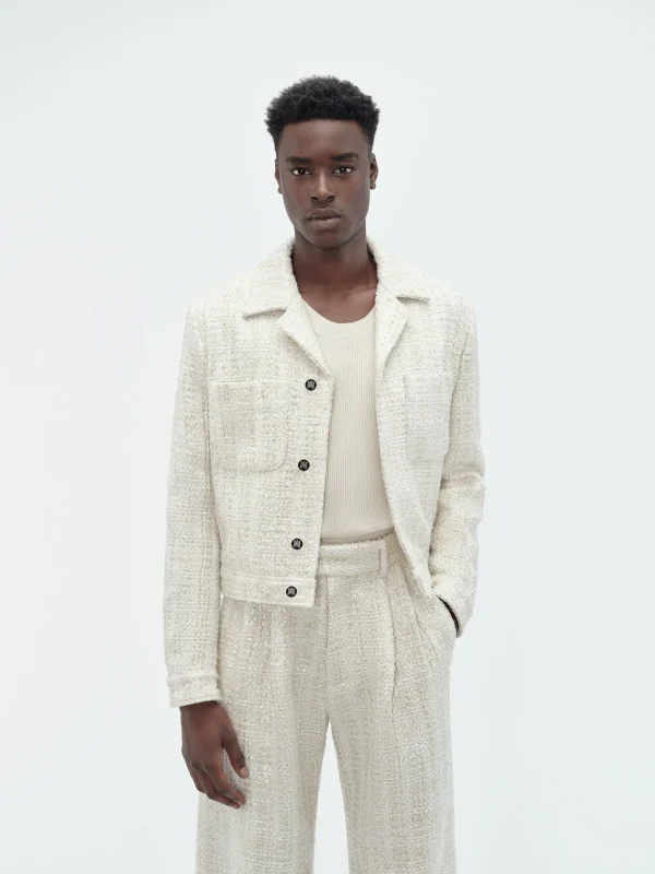 AMIRI Outerwear>SEQUIN BOUCLE SHIRT JACKET Alabaster