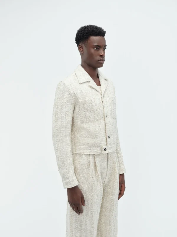 AMIRI Outerwear>SEQUIN BOUCLE SHIRT JACKET Alabaster