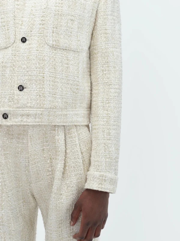 AMIRI Outerwear>SEQUIN BOUCLE SHIRT JACKET Alabaster