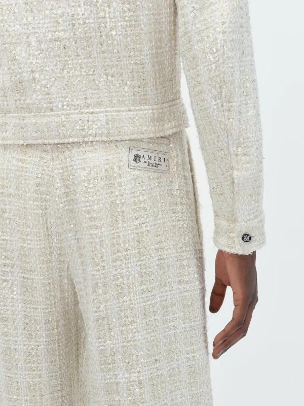 AMIRI Outerwear>SEQUIN BOUCLE SHIRT JACKET Alabaster