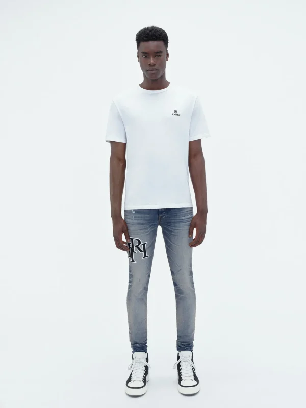 AMIRI Denim>STAGGERED EMBROIDERED LOGO JEAN Vintage Indigo