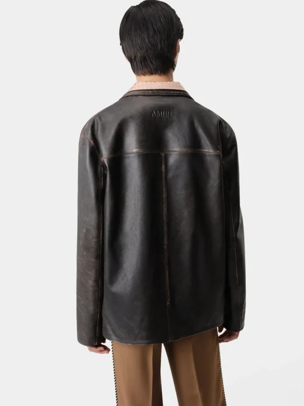 AMIRI Outerwear>TUMBLED LEATHER SINGLE BREASTED JACKET DARK BROWN