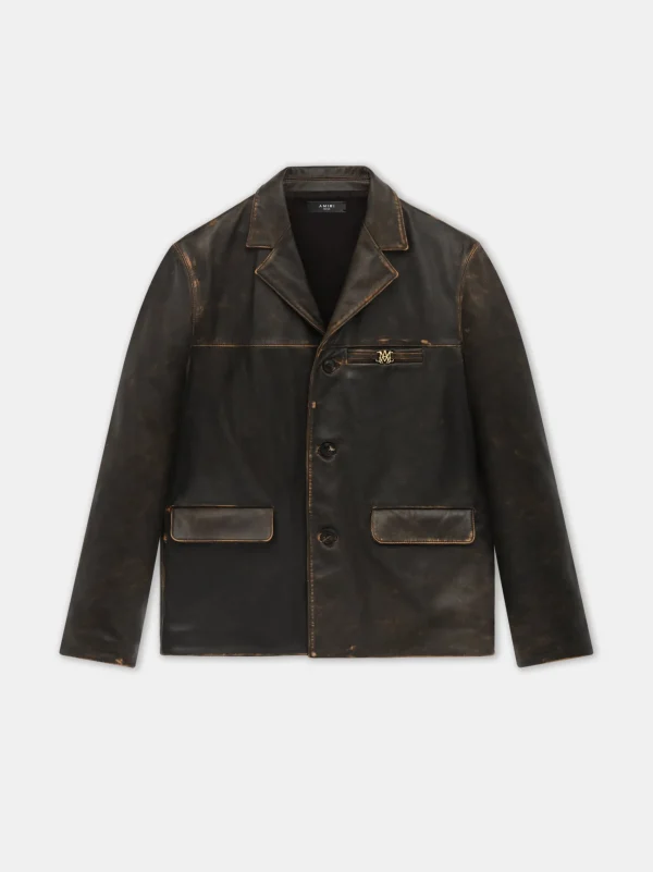 AMIRI Outerwear>TUMBLED LEATHER SINGLE BREASTED JACKET DARK BROWN