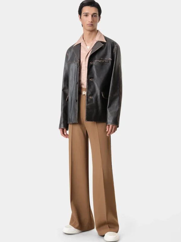 AMIRI Outerwear>TUMBLED LEATHER SINGLE BREASTED JACKET DARK BROWN
