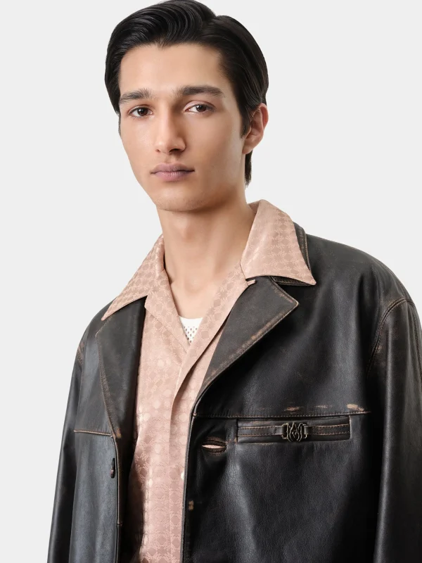AMIRI Outerwear>TUMBLED LEATHER SINGLE BREASTED JACKET DARK BROWN