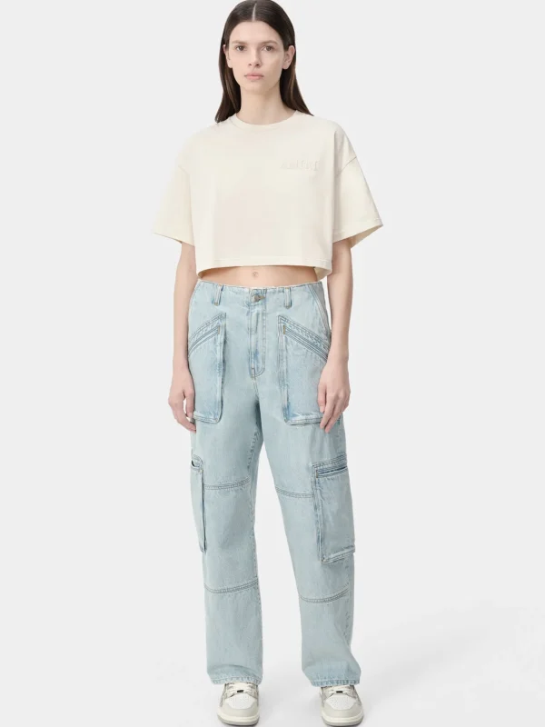AMIRI Jersey | Tees>WOMEN'S EMBROIDERED CROPPED TEE Alabaster