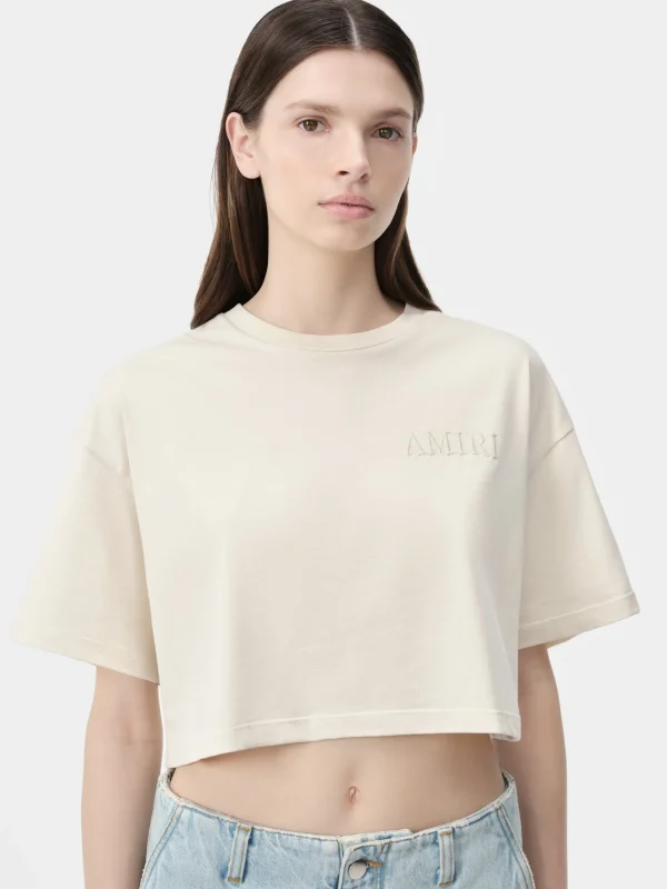 AMIRI Jersey | Tees>WOMEN'S EMBROIDERED CROPPED TEE Alabaster