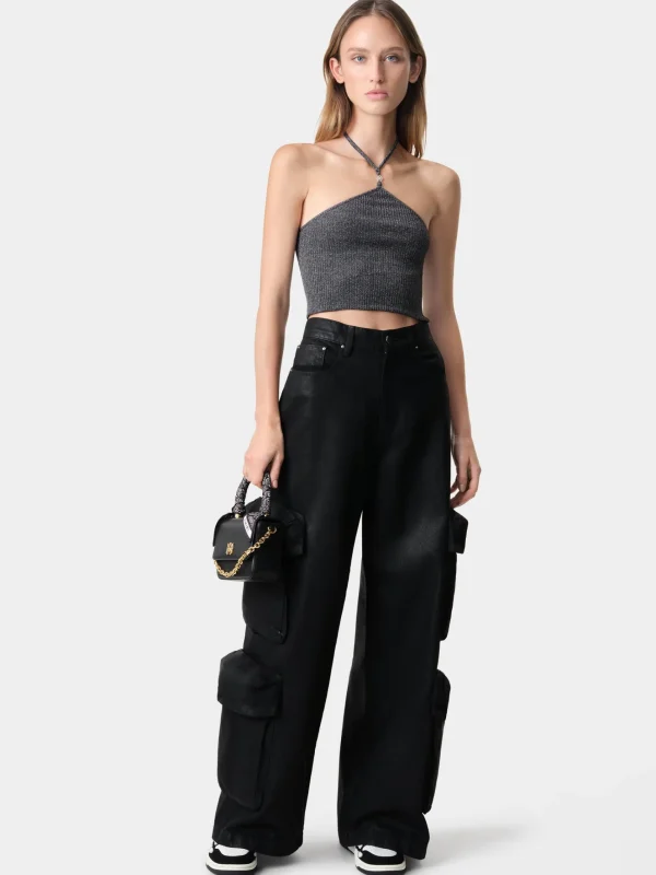 AMIRI Knitwear | Shirts>WOMEN'S LUREX HALTER TOP BLACK