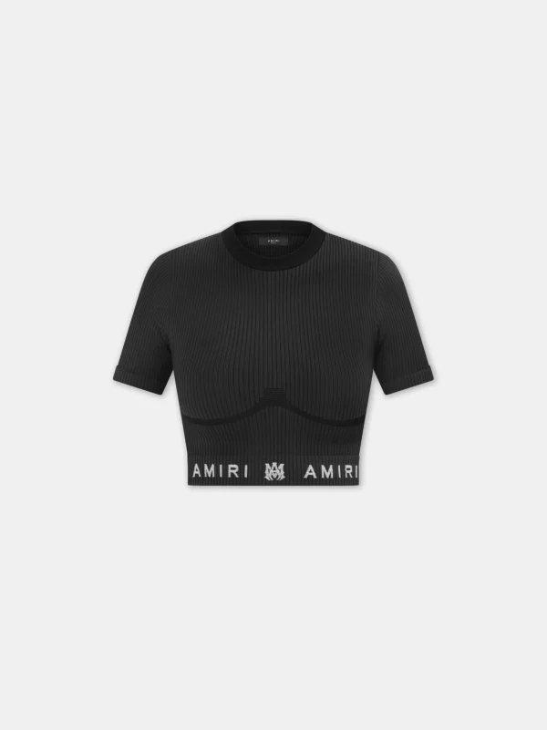 AMIRI Activewear>WOMEN'S MA RIBBED SEAMLESS S/S TOP BLACK