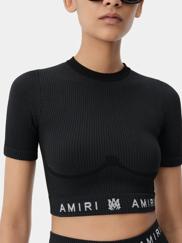 AMIRI Activewear>WOMEN'S MA RIBBED SEAMLESS S/S TOP BLACK